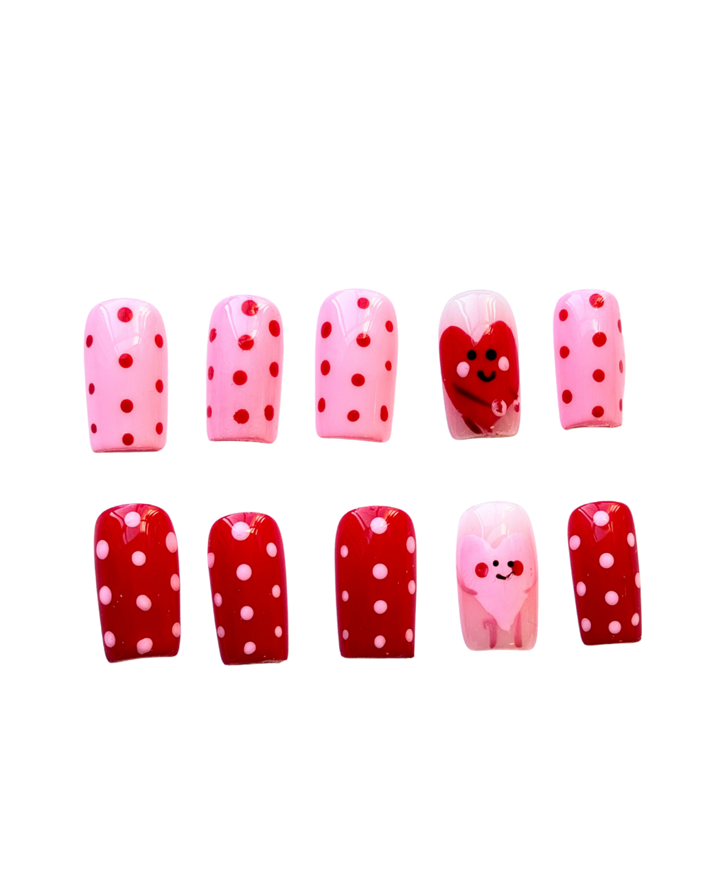 Set of red and pink nail art designs on a white background