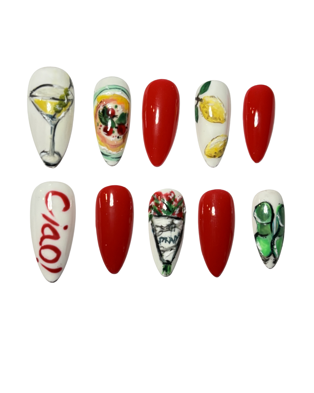 Set of decorative nail art designs on a white background